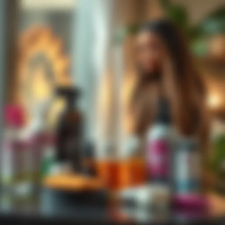 Care products arranged for lace front wig maintenance