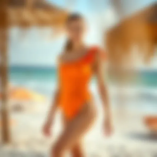 Beach Elegance: The Orange One Shoulder Swimsuit Elegant orange one shoulder swimsuit showcased on a beach