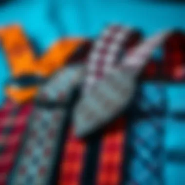A close-up of patterned suspenders showcasing various designs and colors.