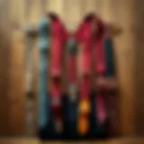 A vintage collection of unique suspenders displayed against a wooden background.