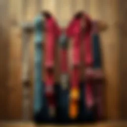 A vintage collection of unique suspenders displayed against a wooden background.