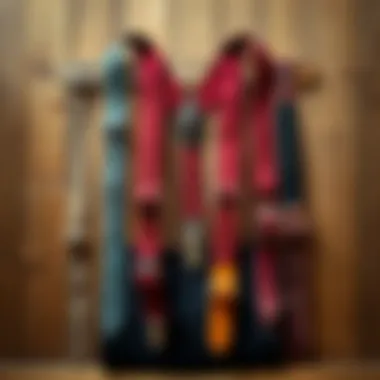 A vintage collection of unique suspenders displayed against a wooden background.