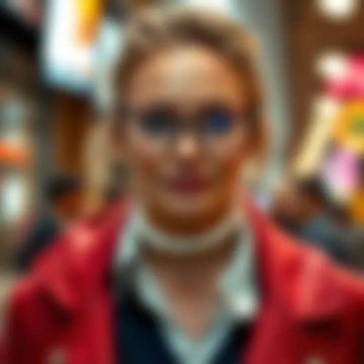 Person showcasing a trendy around the neck glasses holder with fashionable attire.