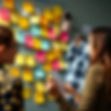 Creative Collaboration with Sticky Notes A creative brainstorming session with sticky notes on a wall