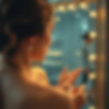 Woman admiring a necklace in front of a mirror