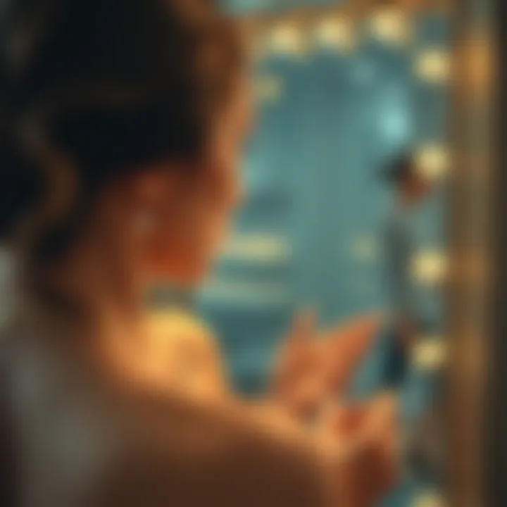 Woman admiring a necklace in front of a mirror