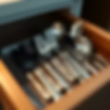 Close-up of silverware arranged in an expandable drawer organizer