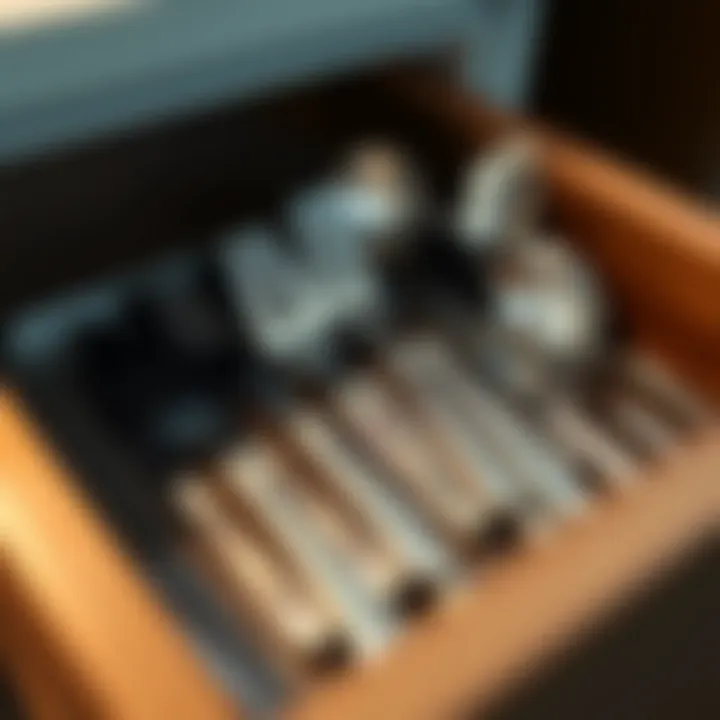 Close-up of silverware arranged in an expandable drawer organizer