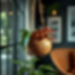 Aesthetic coconut shell hanging planter with vibrant plants.