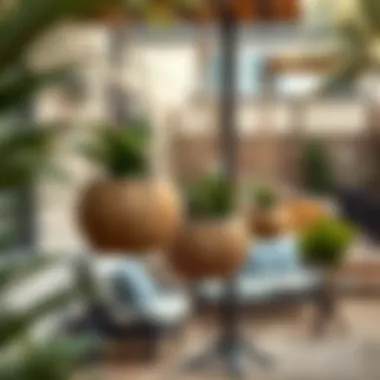 Outdoor setting with coconut shell hanging planters.