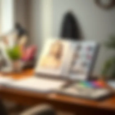 Aesthetic Desk with Budget Planner An aesthetically pleasing desk setup with a budget planner and fashion catalog.