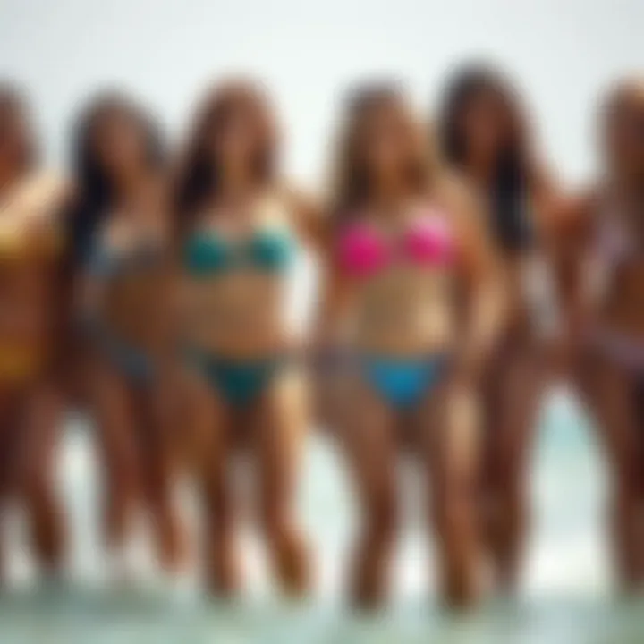 A group of confident individuals embracing body positivity while wearing thong swimwear.
