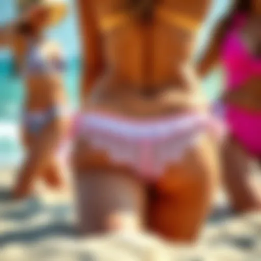 A vibrant display of various thong bottom swimwear styles on a sandy beach.