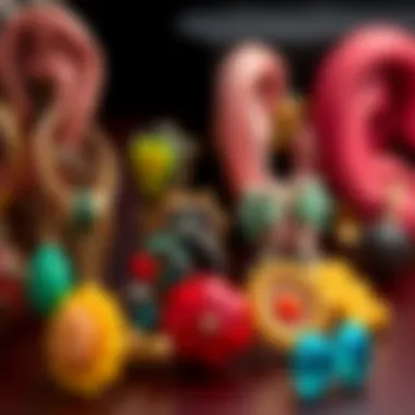 Colorful Variety of Custom Cartilage Earrings A variety of colorful custom cartilage earrings displayed artistically.