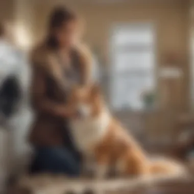 A pet owner happily removing pet fur from clothing using a fur catcher