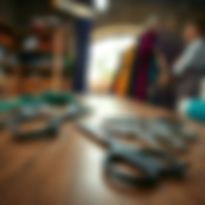 A variety of fabric scissors displayed on a wooden table