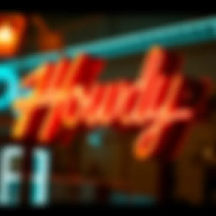 Close-up of a Howdy neon sign with artistic design elements