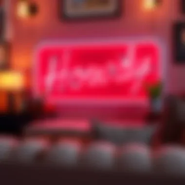 A stylish home decor featuring a Howdy neon sign