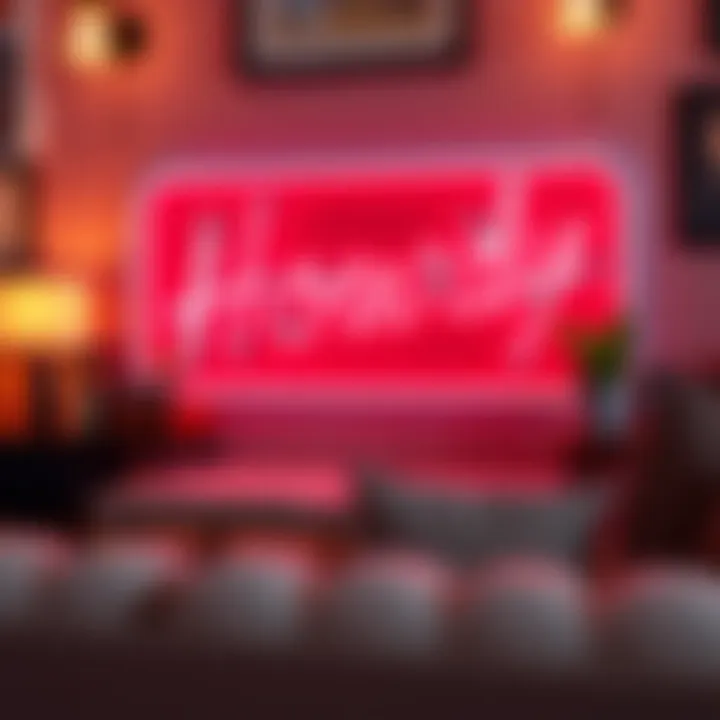 A stylish home decor featuring a Howdy neon sign