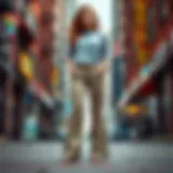 Stylish bell bottom cargo pants displayed against a vibrant urban backdrop