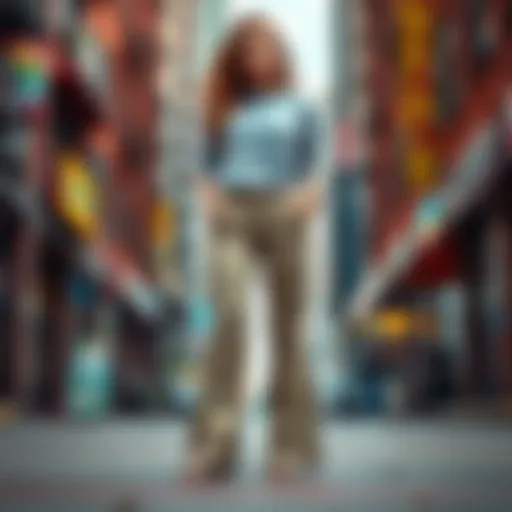 Stylish bell bottom cargo pants displayed against a vibrant urban backdrop