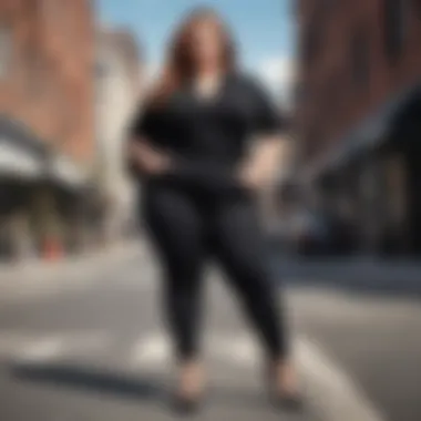 Plus-size model confidently wearing black slacks in a city setting.