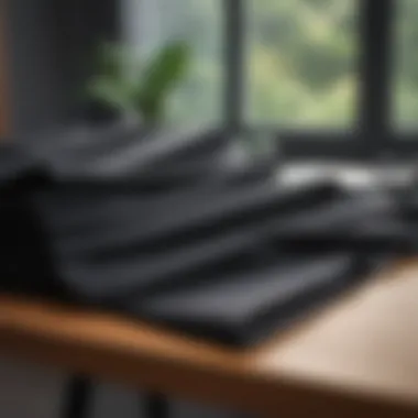 Sustainable fabric options for black slacks displayed on a table.