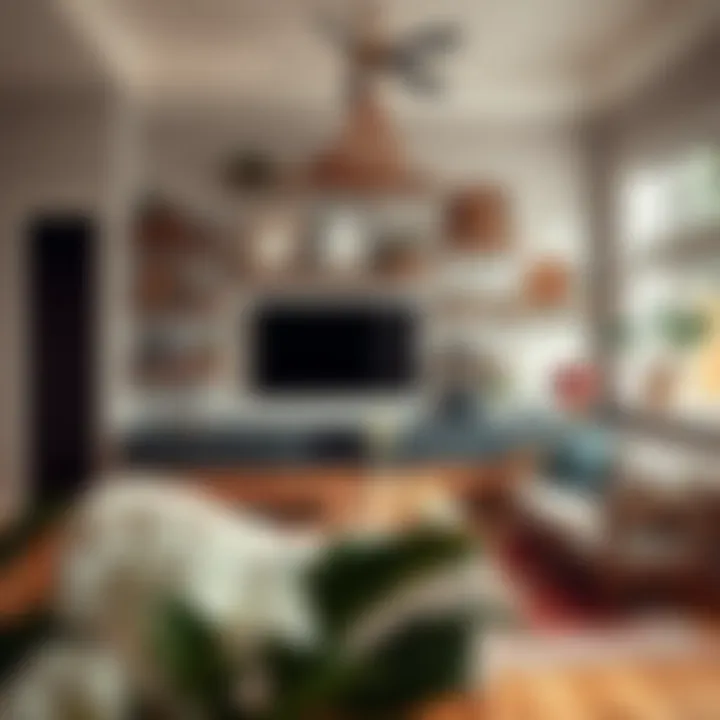 A beautifully styled living room featuring boho hanging shelves