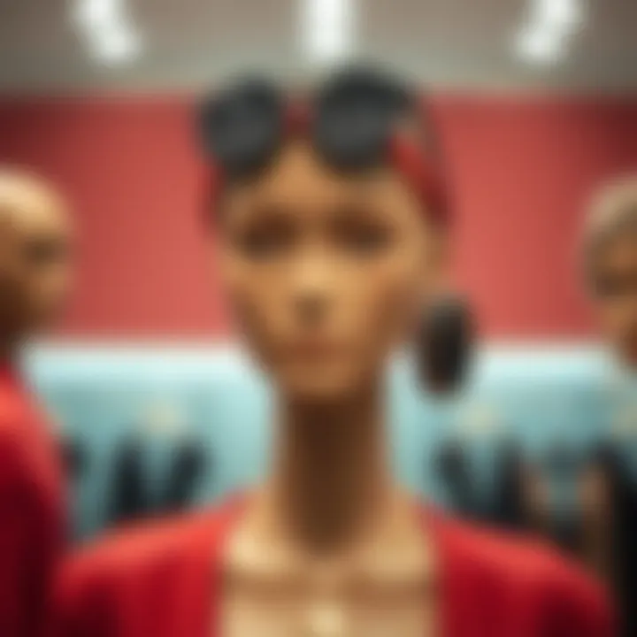 Creative display of accessories on a brown mannequin head.