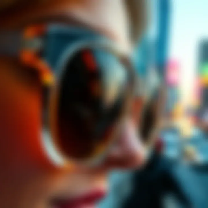 A close-up of clear Y2K sunglasses reflecting a vibrant cityscape.