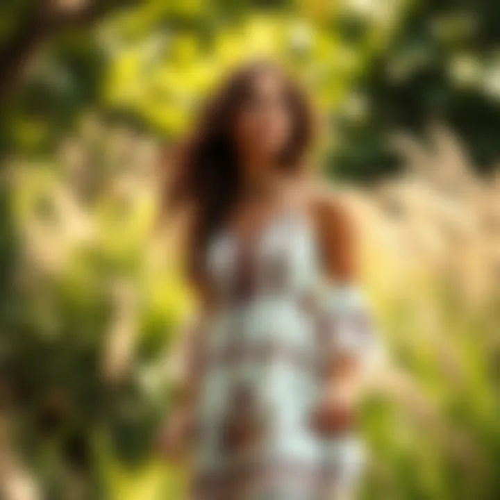 A model showcasing a boho style dress in a natural setting
