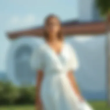 Model showcasing a white dress in a serene outdoor setting