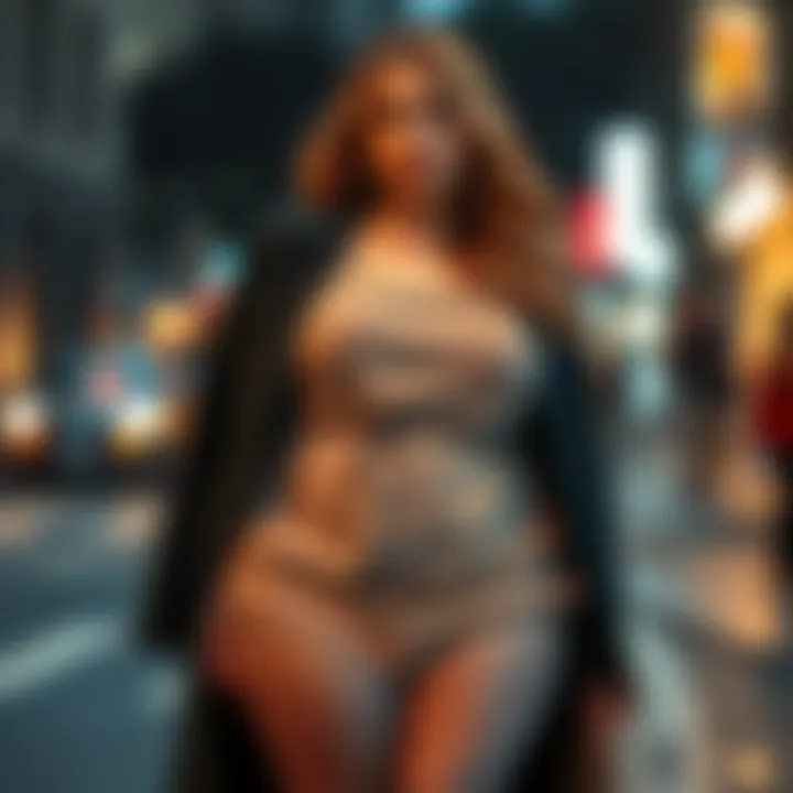 A stylish outfit featuring plus-size fishnet tights paired with a chic dress.