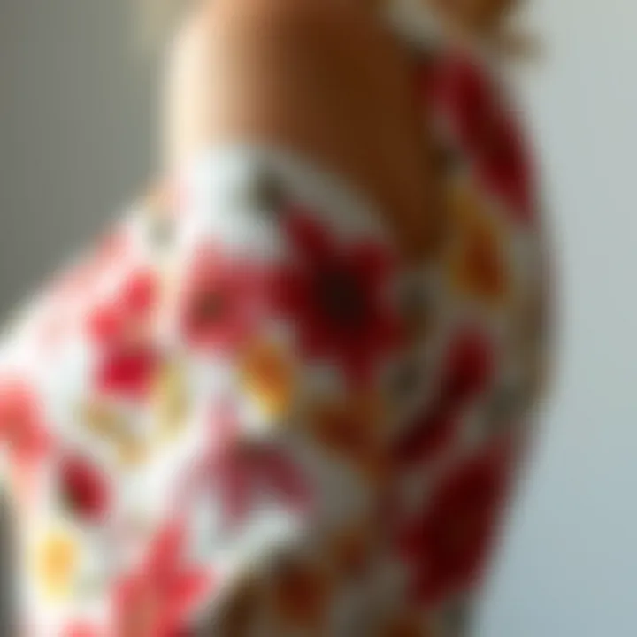 Close-up of fabric texture of a floral bodycon dress with sleeves