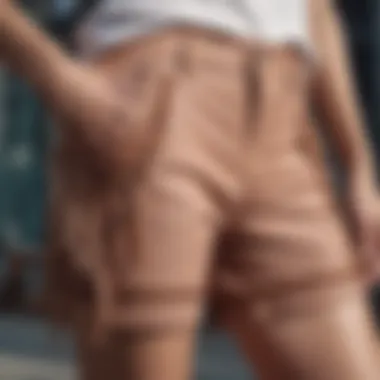 A close-up view of fringe detailing on Bermuda shorts