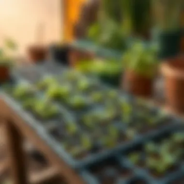 Maximizing Growing Space with Seed Trays A variety of plants growing in 36 cell seed trays placed on a gardening bench