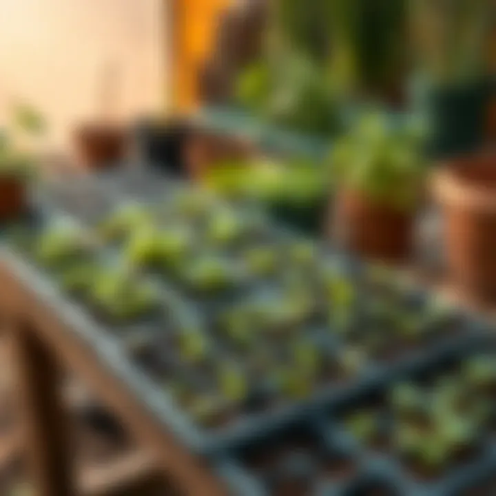 Maximizing Growing Space with Seed Trays A variety of plants growing in 36 cell seed trays placed on a gardening bench