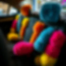 Colorful fuzzy seat belt covers arranged in a stylish manner