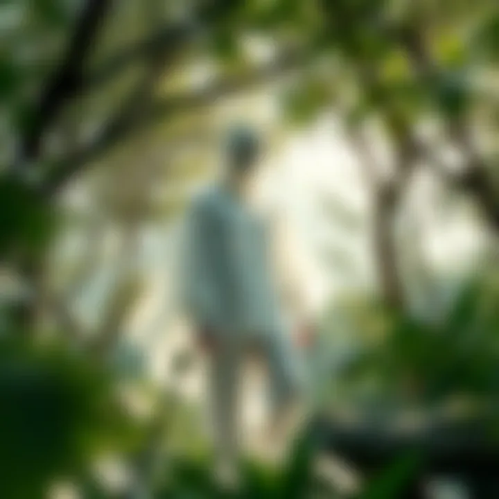 A serene environment featuring ghost fashion elements intertwined with nature, reflecting sustainability in modern style.