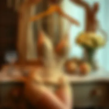 Luxurious gold lace lingerie displayed elegantly on a vintage dressing table