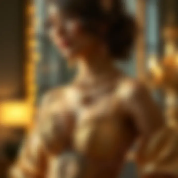 A stylish model showcasing gold lingerie paired with modern accessories