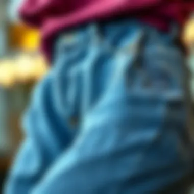 Close-up of the unique fabric and design features of palazzo jeans