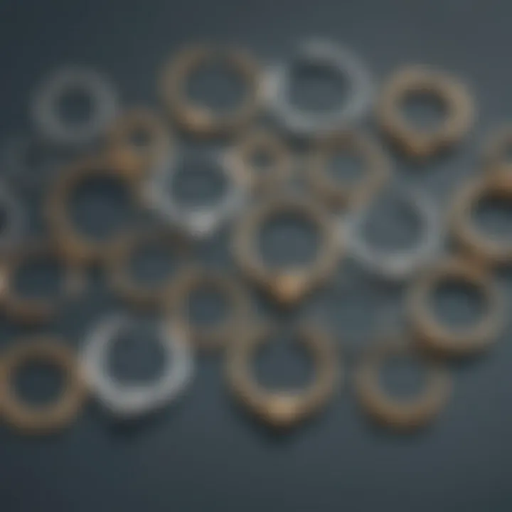 An array of hinged septum rings displayed in different materials and styles.