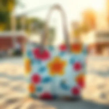 A vibrant canvas tote bag adorned with floral patterns, ideal for beach days.