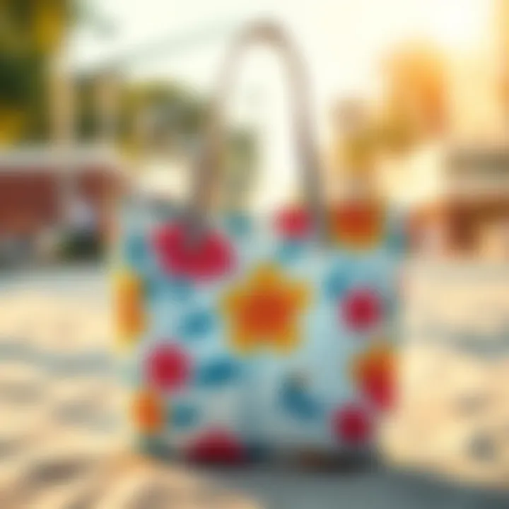 A vibrant canvas tote bag adorned with floral patterns, ideal for beach days.