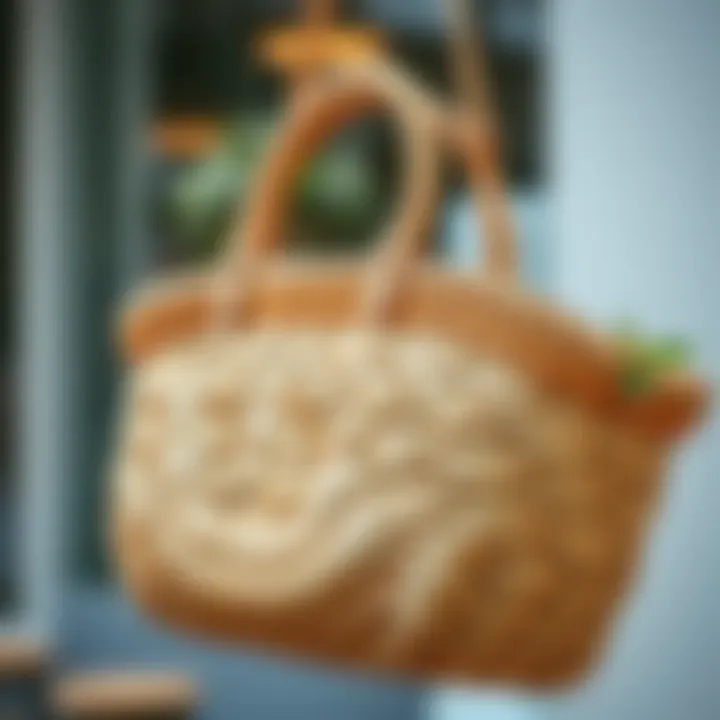 A close-up of a beautifully woven straw purse, perfect for summer outings.