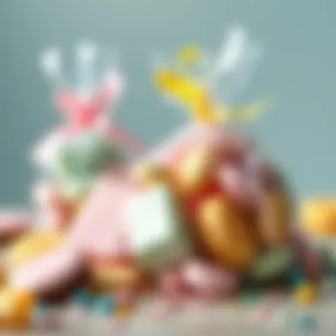 Assorted pastel-colored treats displayed creatively in a goodie bag