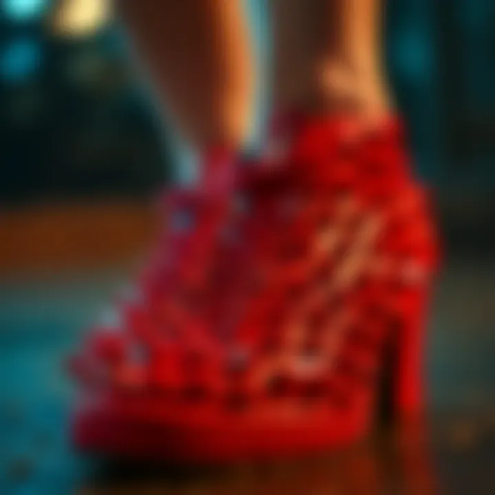Intricate Craftsmanship of Spikes Close-up of red spikes detailing on footwear