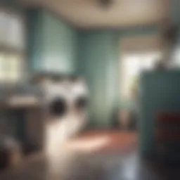 A vintage laundry room featuring retro appliances and decor