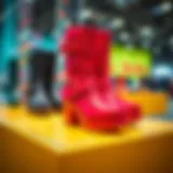 Elegant pair of brightly colored funky boots on display